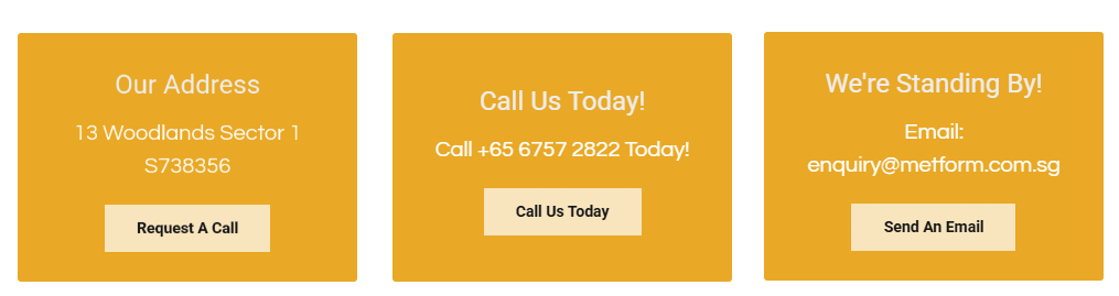 Contact information blocks featuring address, phone number, and email for Metform Industries.